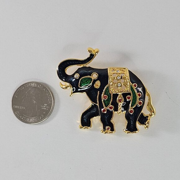 Vintage Gold-Tone Enamel Elephant Brooch Pin With Rhinestones & Red Accents - Picture 8 of 8